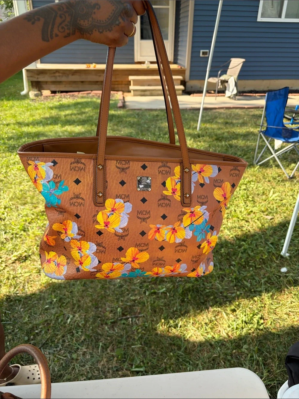 Authentic MCM Cognac Floral Visetos Tote with Yellow & Blue Accents
